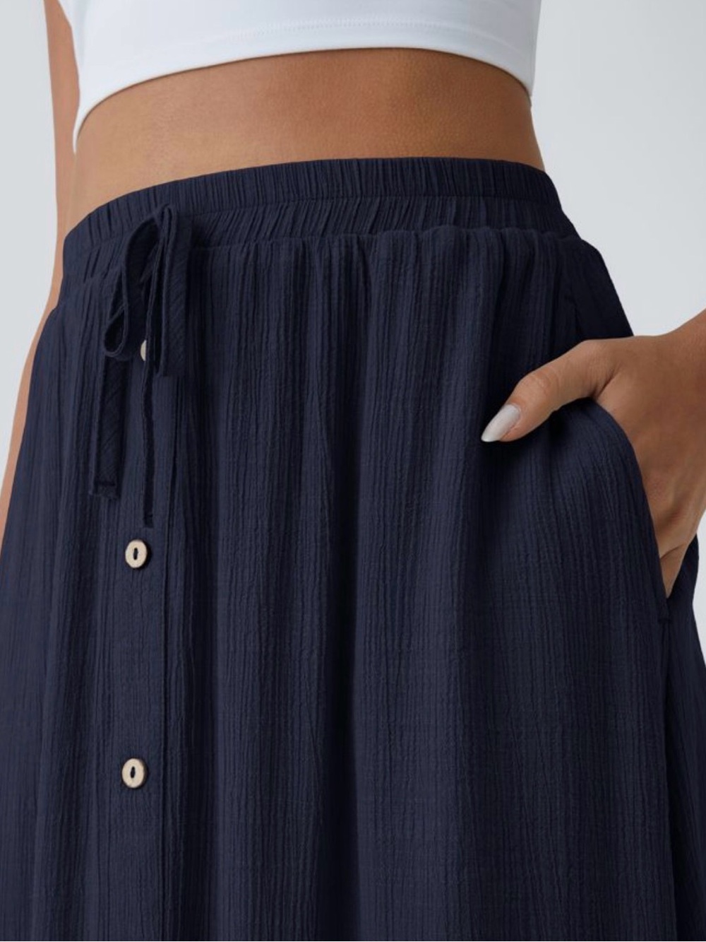 HALARA High Waisted Drawstring Pocket Flowy Midi Casual Skirt - Picture 4 of 6